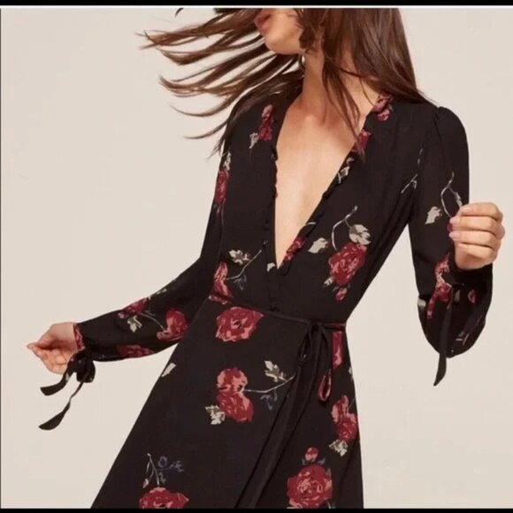 Reformation Floral Wrap Short Dress Women Size XS Black - Picture 3 of 16